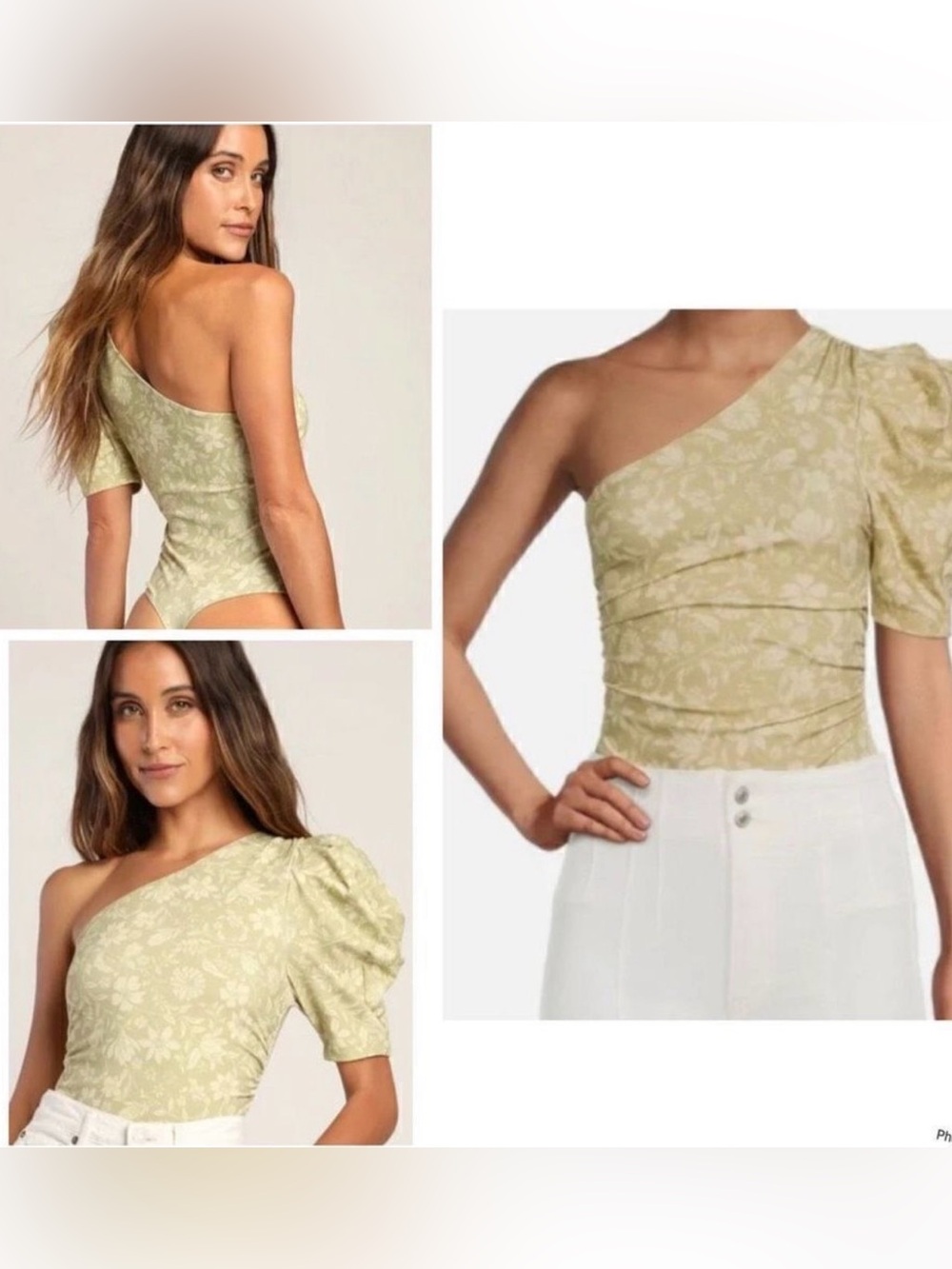 Free People One-Shoulder Puff Sleeve Bodysuit in Olive Floral